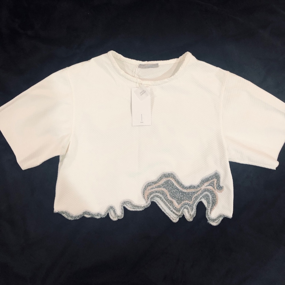 ZARA textured silver jagged edge crop top